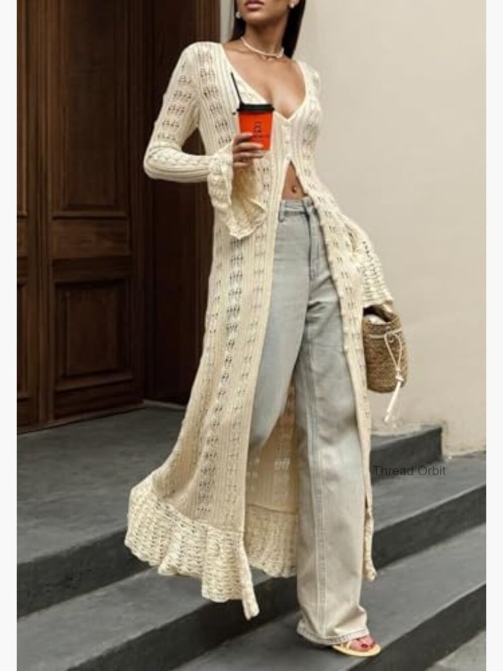 Long Cardigan Sweater Crochet Hollow Out Duster Cover Up Maxi Dress - Picture 5 of 7